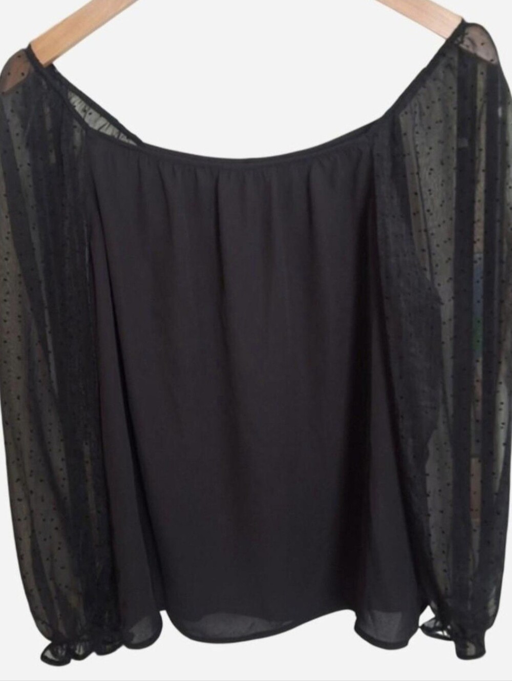 Banana Republic Black Off-Shoulder Blouse with Dotted Sheer Sleeves